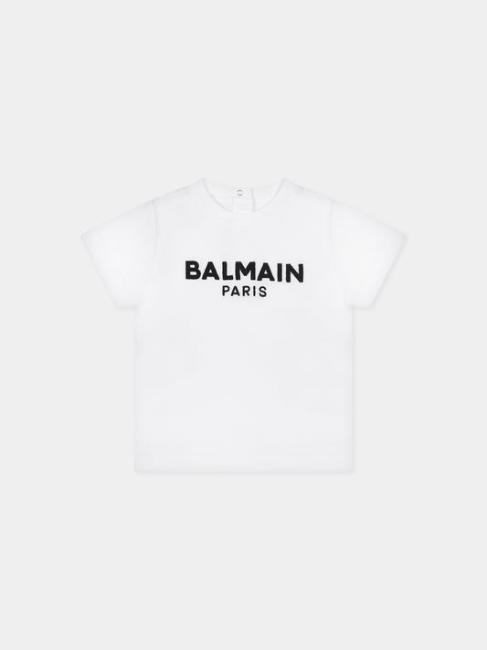 T-shirt bianca per neonati con iconico logo nero,Balmain Kids,BT8531 Z0082 100NE