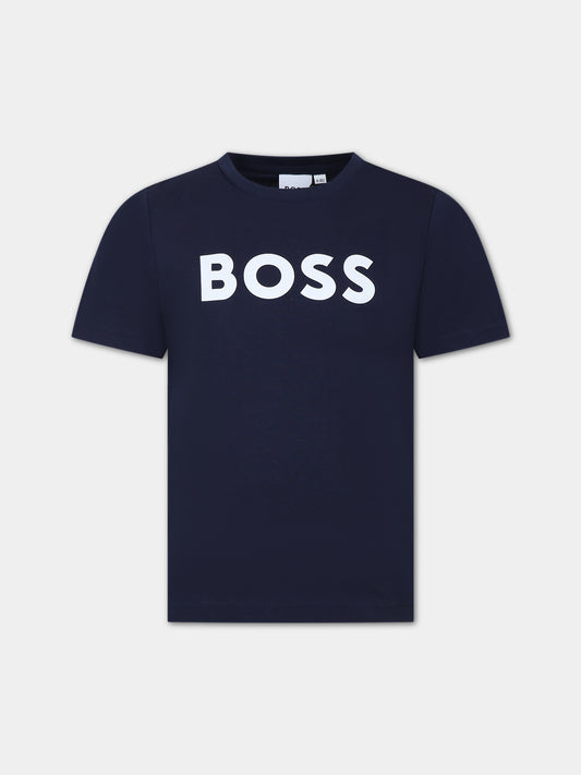 T-shirt blu per bambino con logo,Boss,J25P24 849