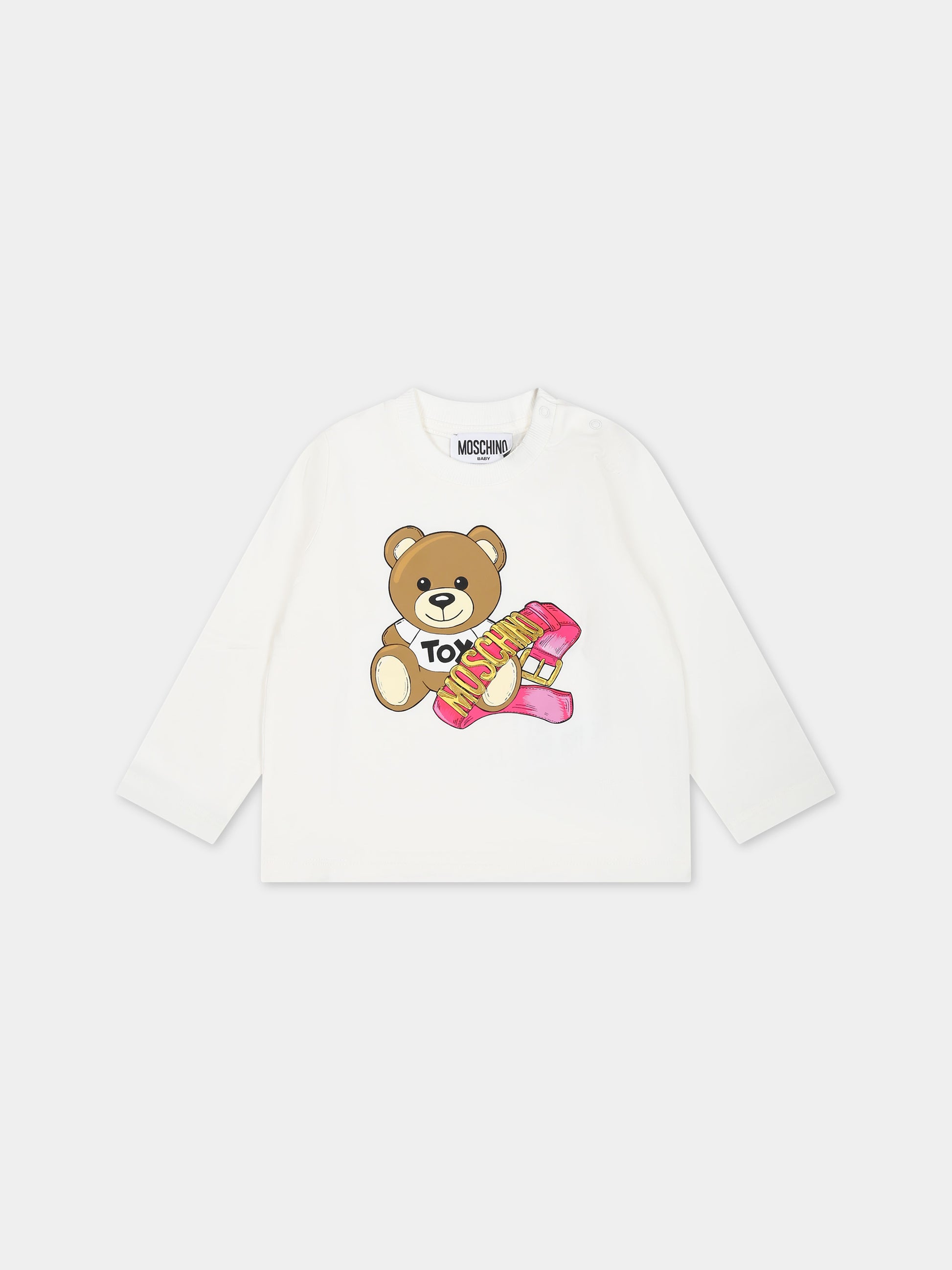 T-shirt bianca per neonata con Teddy Bear e logo,Moschino Kids,MAO00C LBA11 10063