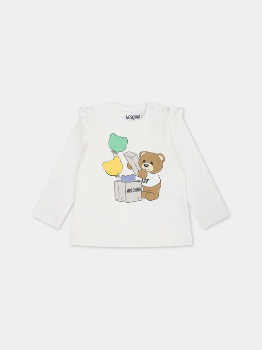 T-shirt bianca per neonata con Teddy Bear e stampa,Moschino Kids,MDO00O LBA11 10063