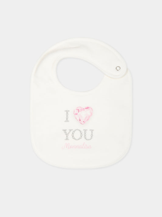 Bavaglino bianco per neonata con cuore e logo,Monnalisa,35B000 2004 0001