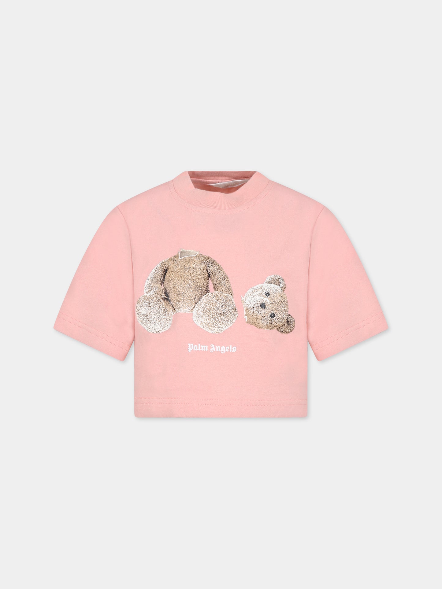 T-shirt rosa per bambina con orso e logo,Palm Angels,PGAA004C99JER0023060