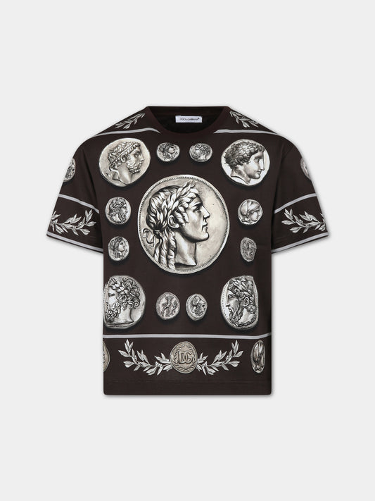 T-shirt marrone per bambino con stampa monete,Dolce & Gabbana Kids,L4JTEY G7J4I HM4RG