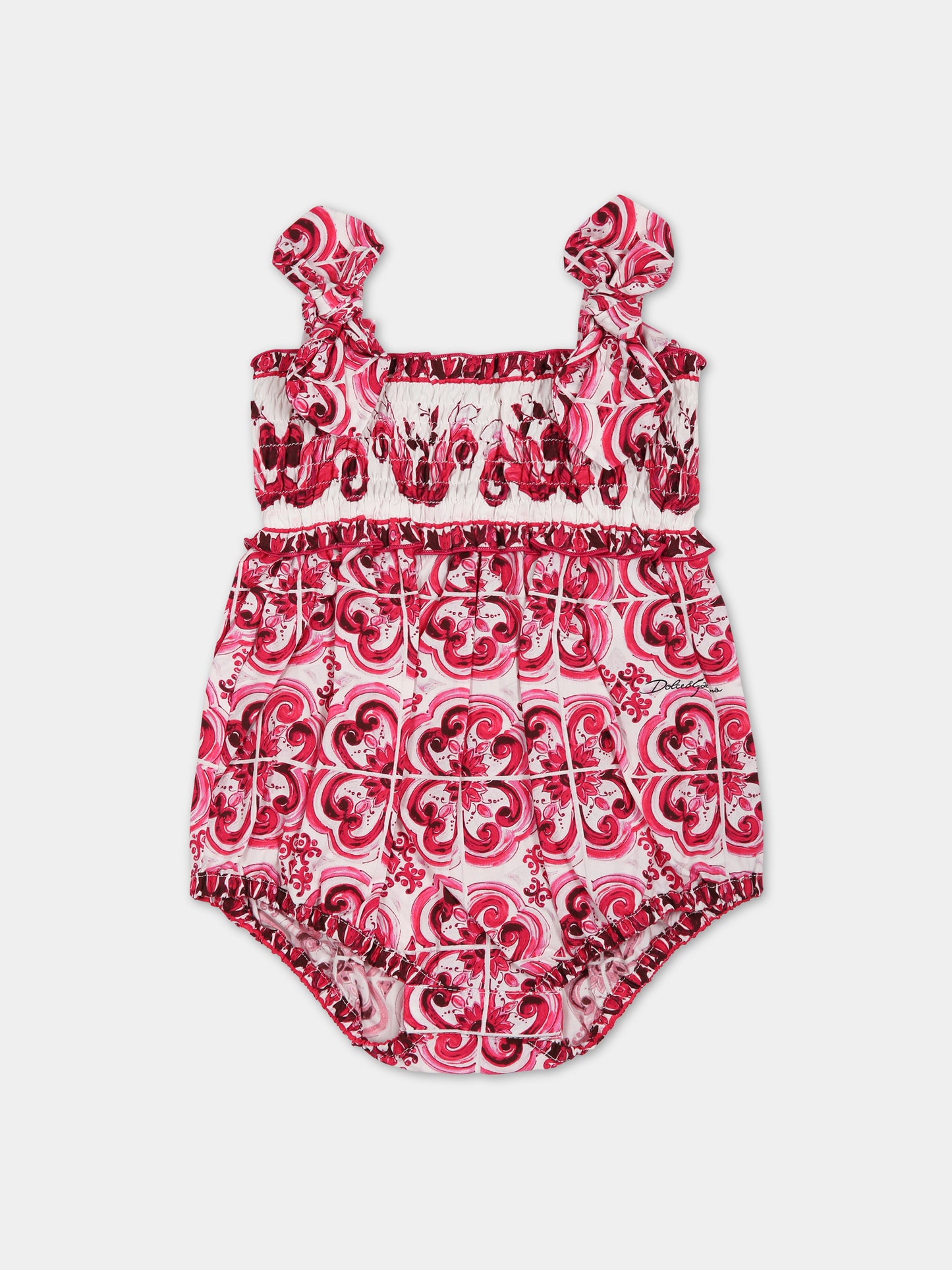 Pagliaccetto fucsia per neonata con stampa maioliche,Dolce & Gabbana Kids,L21O84 G7EX8 HE3TN