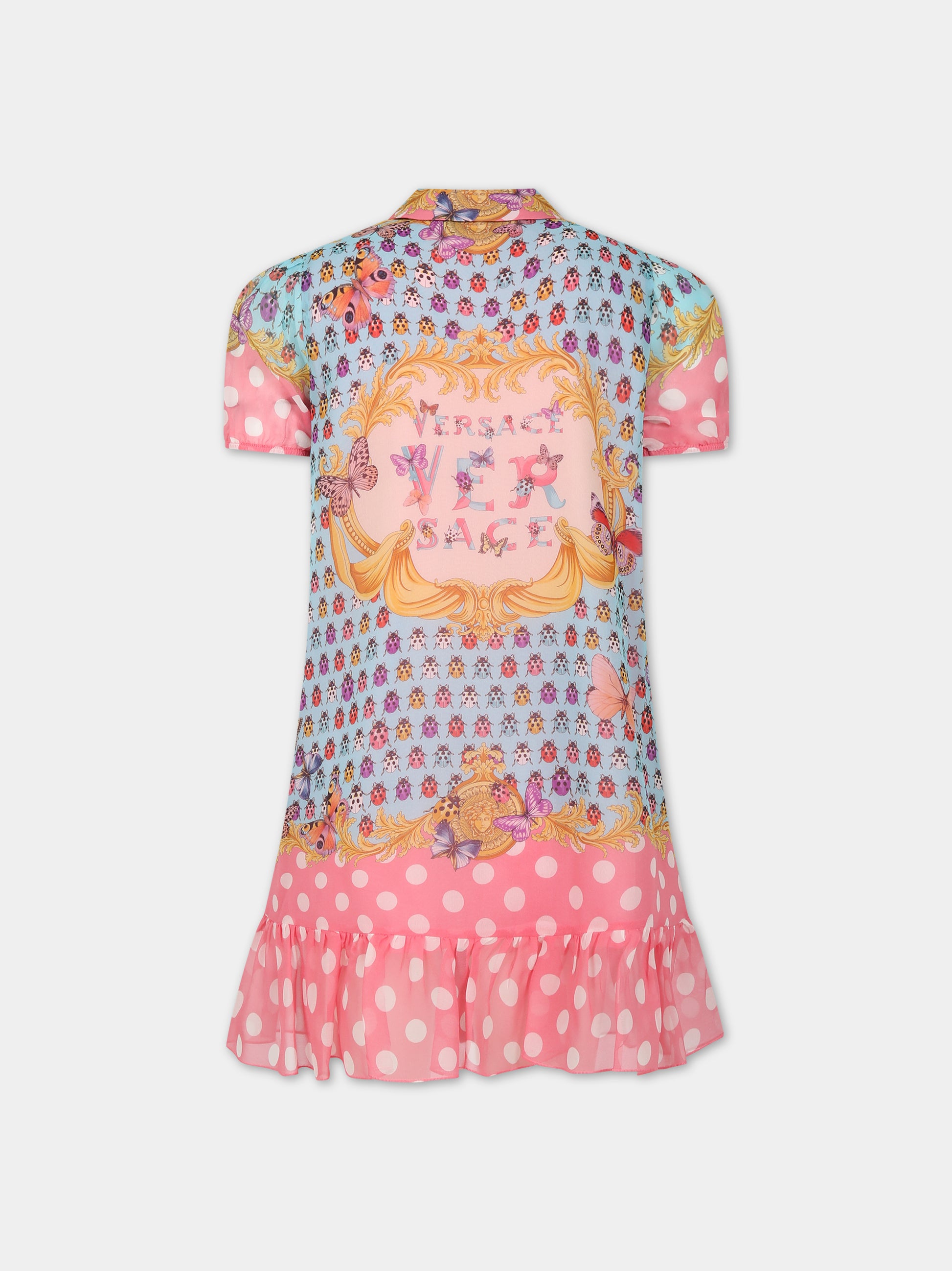 Vestito celeste per bambina con stampa iconica e logo,Versace,1011104 1A08119 5X280