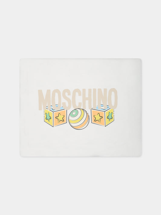 Coperta bianca per neonati con logo e Teddy Bear,Moschino Kids,MYB005 LCB34 84352
