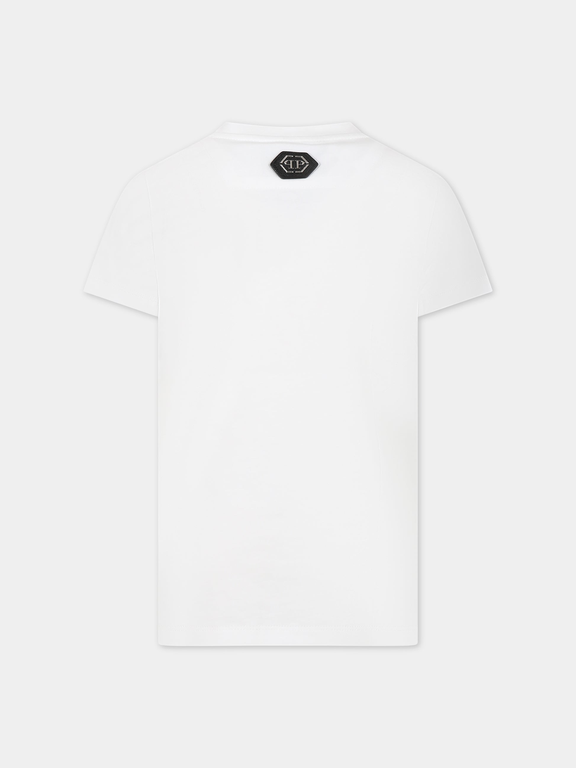 T-shirt bianca per bambino con teschio multicolor e logo,Philipp Plein Junior,2PM003 LAA24 10101