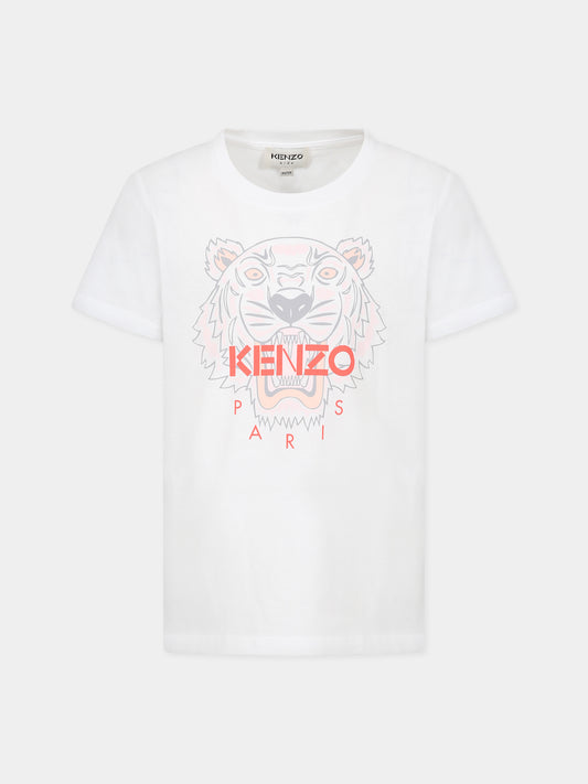 T-shirt bianca per bambina con Kotora e logo,Kenzo Kids,K15662 10B