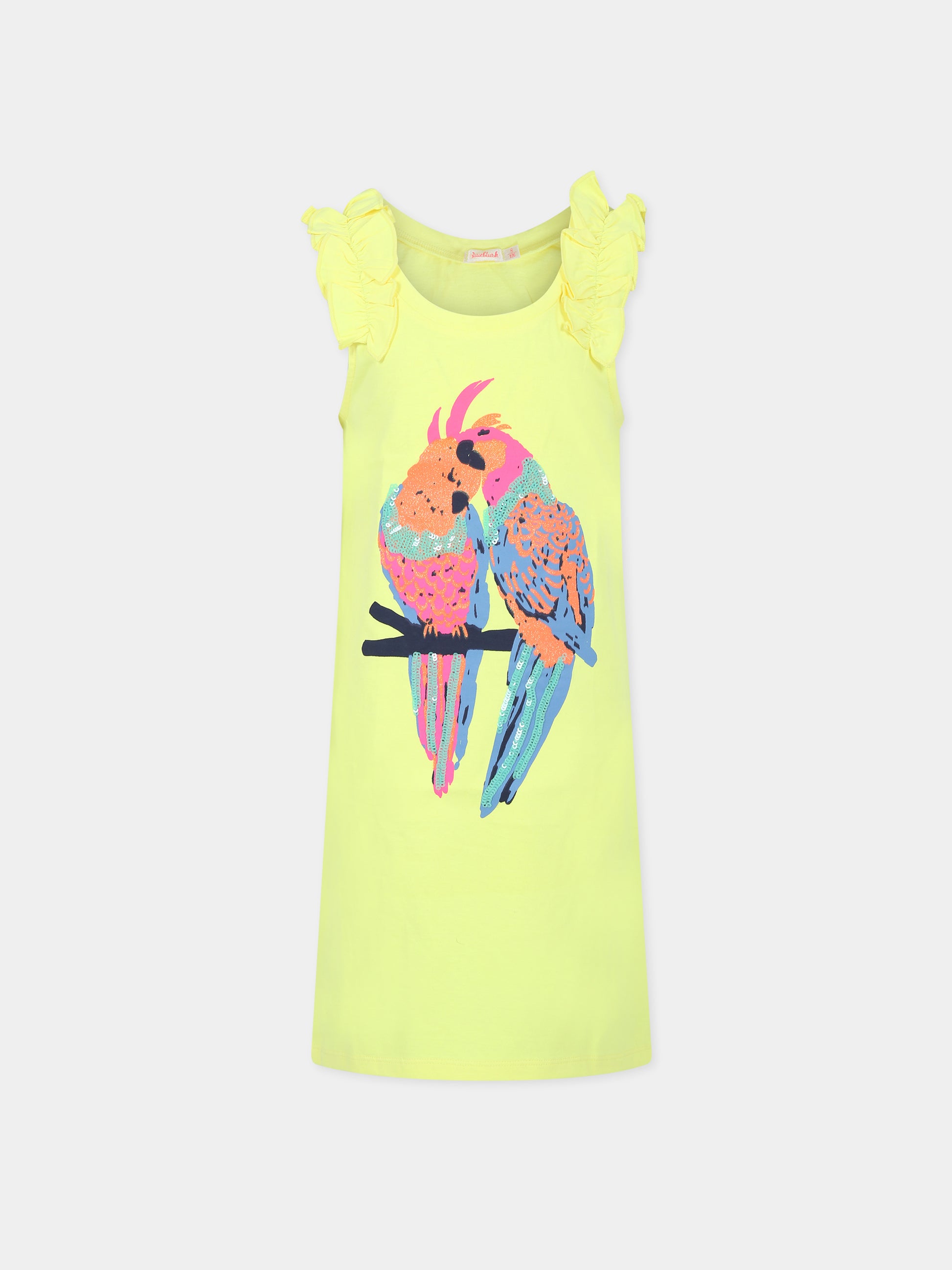 Vestito giallo per bambina con stampa pappagalli,Billieblush,U12797 549